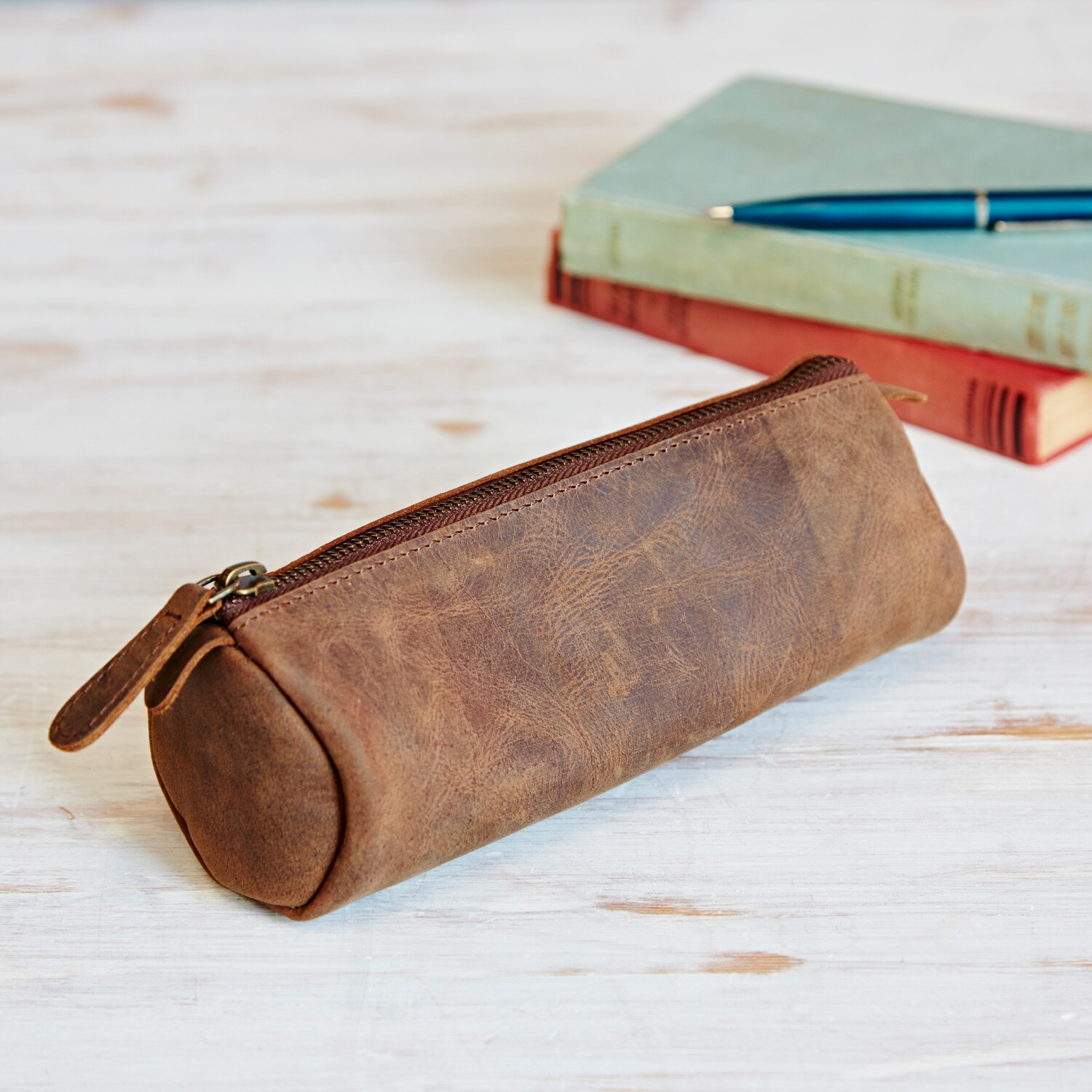 Paper High Buffalo Leather Round Pencil Case in Brown