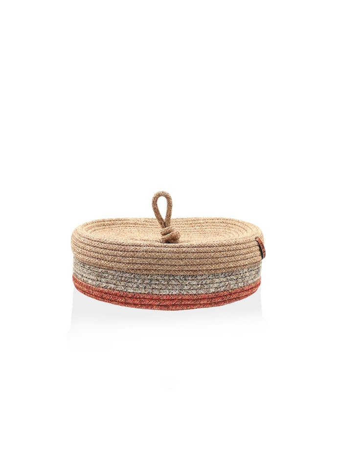 image 1 of Jute Handwoven Storage Basket With Lid (Orange And Grey)