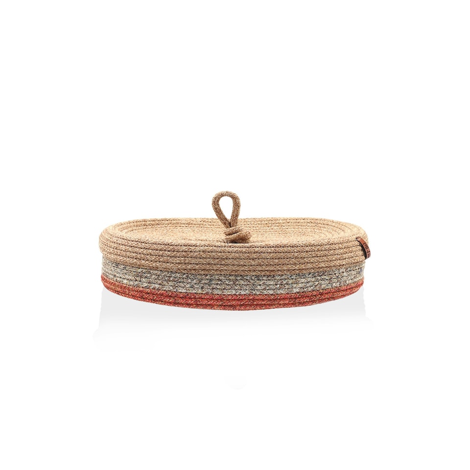 image 1 of Jute Handwoven Storage Basket With Lid (Orange And Grey)