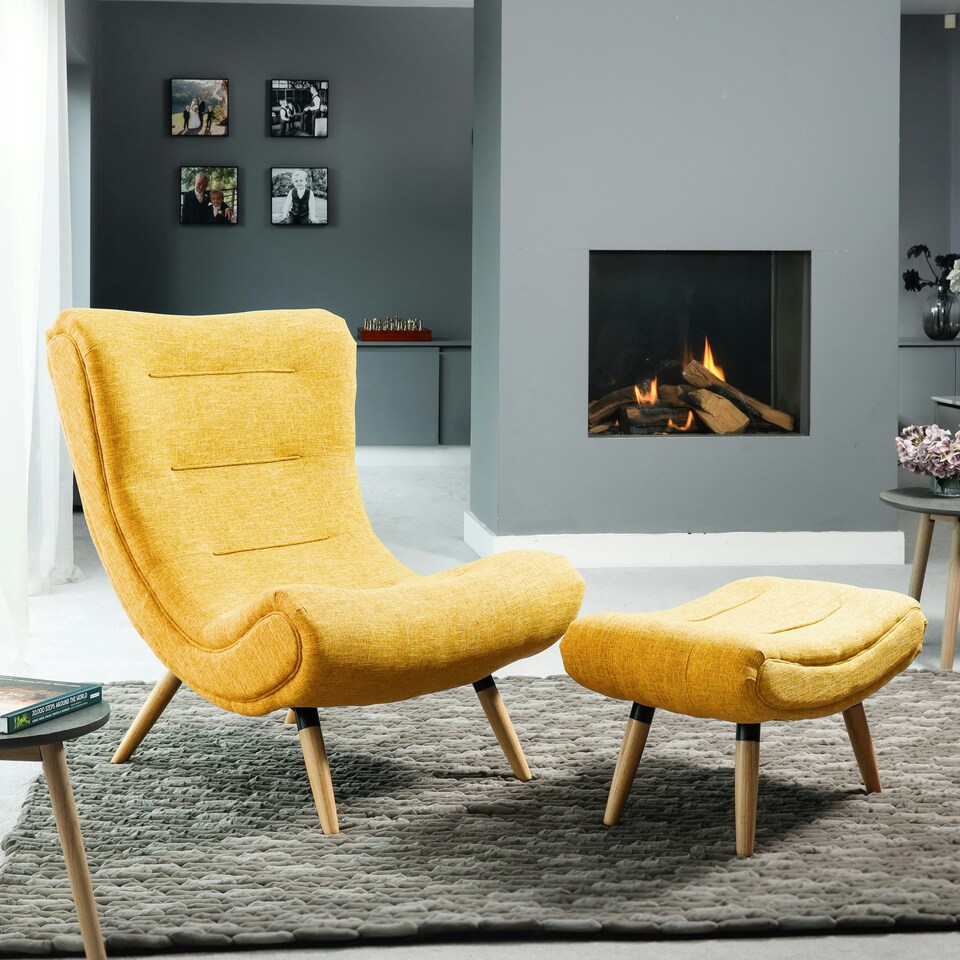 image 1 of Madelia Textured Fabric Accent Chair and Stool - Yellow
