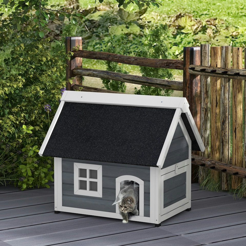image 1 of PawHut Outdoor Feral Cat House with Openable Asphalt Roof - Grey