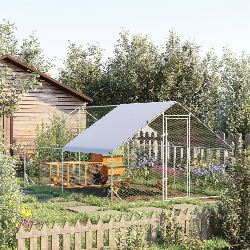 image 1 of PawHut Walk In Chicken Run Large Galvanized Chicken Coop w/ Cover 3 x 4 x 2m