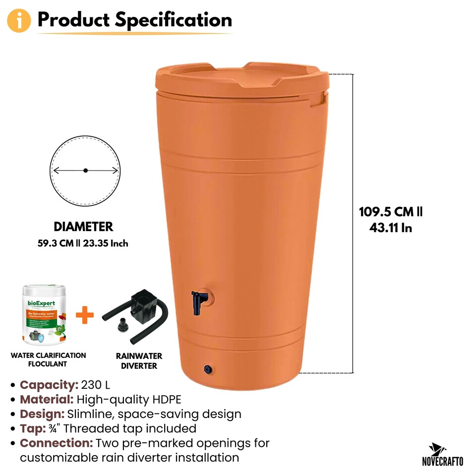 image 1 of Water Butt Kit with Tap, Diverter & Bio Cleaner –  Rainwater Collector for Garden, Balcony & Terrace – Durable Plastic Water Storage Tank Brown | 230L