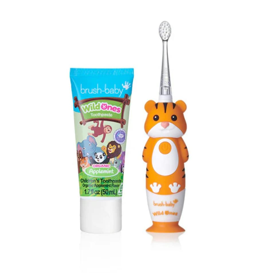 image 1 of Brush Baby WildOnes™ Tiger Kids Electric Rechargeable Toothbrush & Applemint Toothpaste