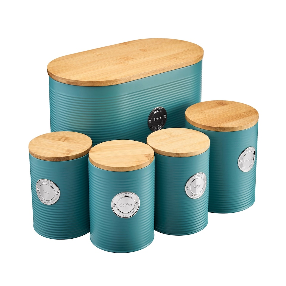 image 1 of Cooks Professional 5 Piece Ribbed Tea Coffee Sugar Bread & Biscuit Cannisters with Labels | Blue | Teal & Silver
