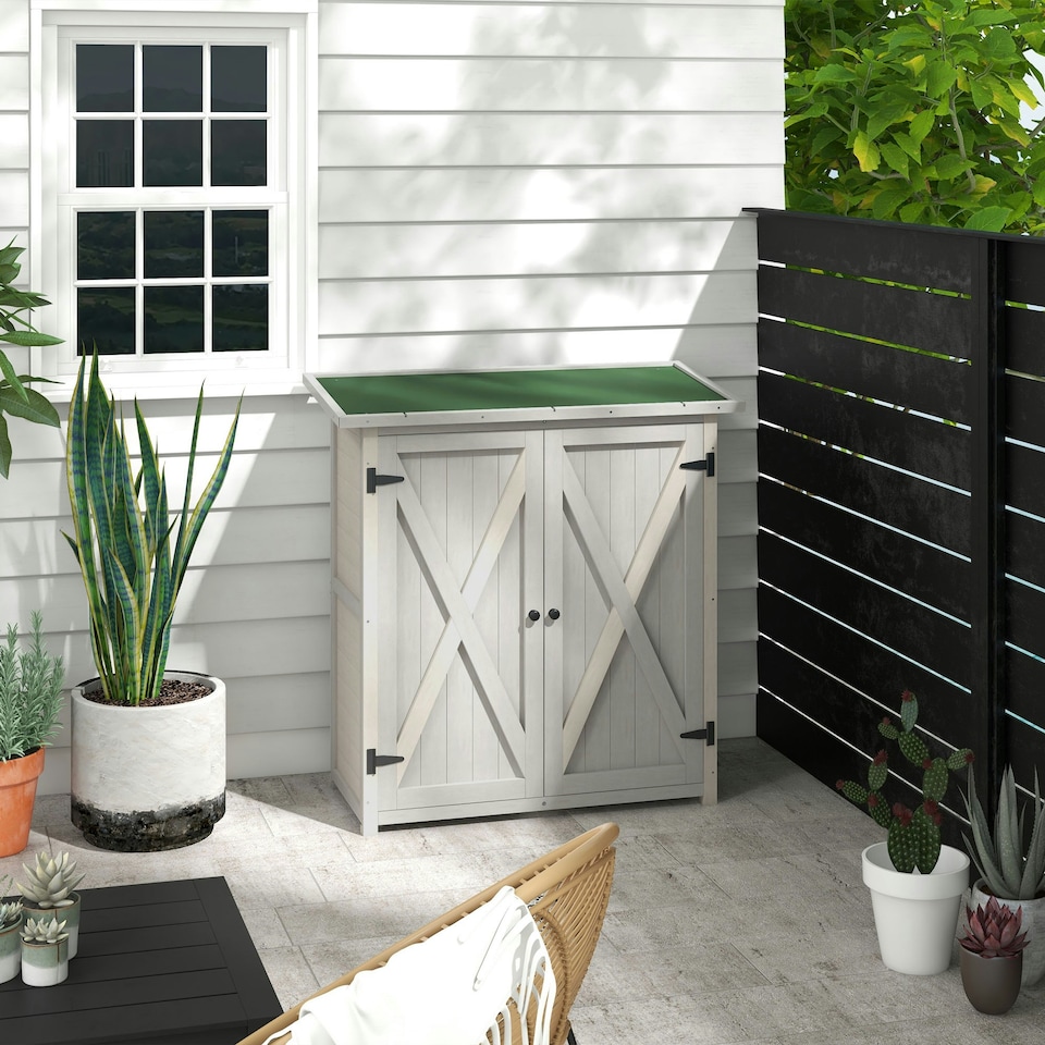image 1 of Outsunny Wood Garden Storage Shed Tool Cabinet Organizer, Light Grey