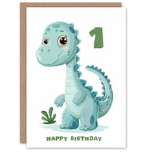 Cute Dinosaur Cartoon Age 1 Year Old  Kids 1st Birthday Card