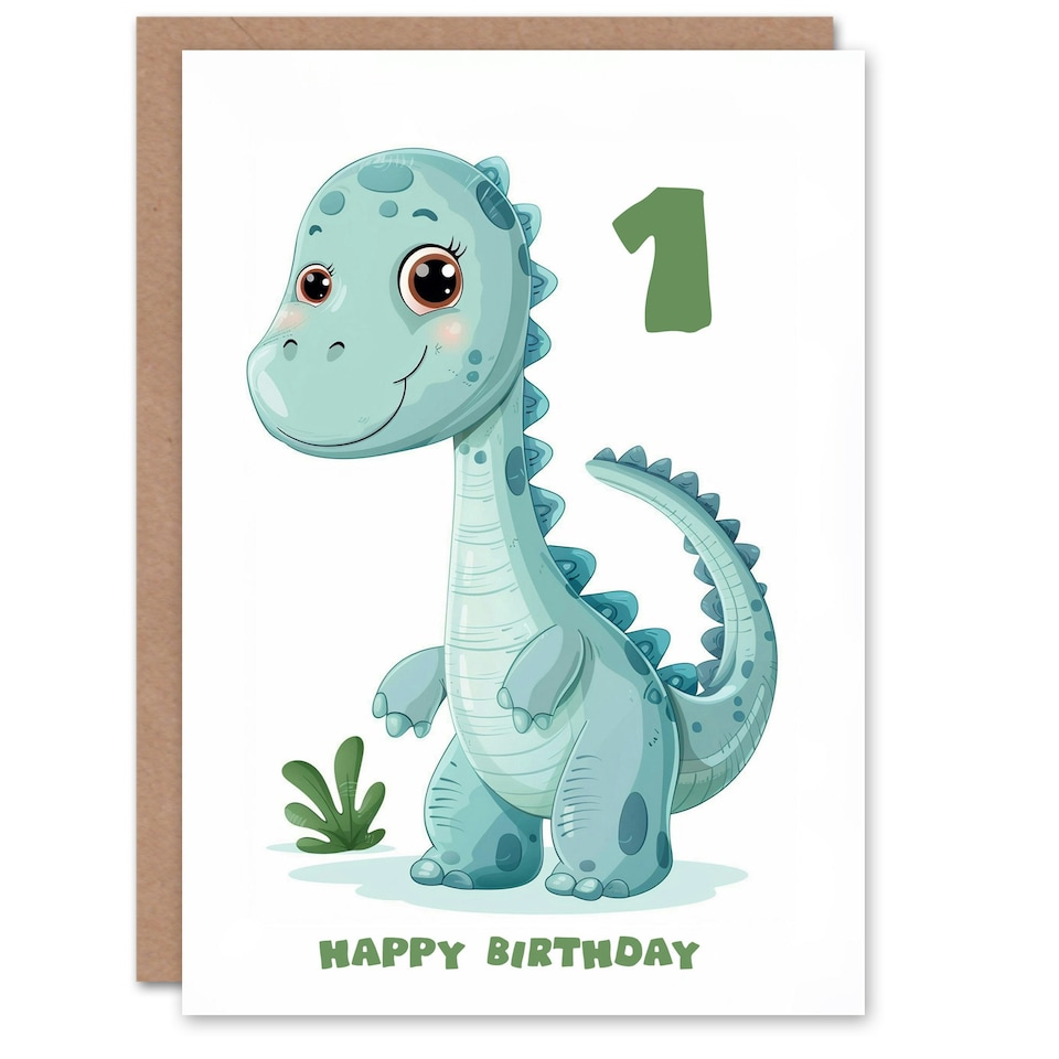 image 1 of Cute Dinosaur Cartoon Age 1 Year Old Kids 1st Birthday Card