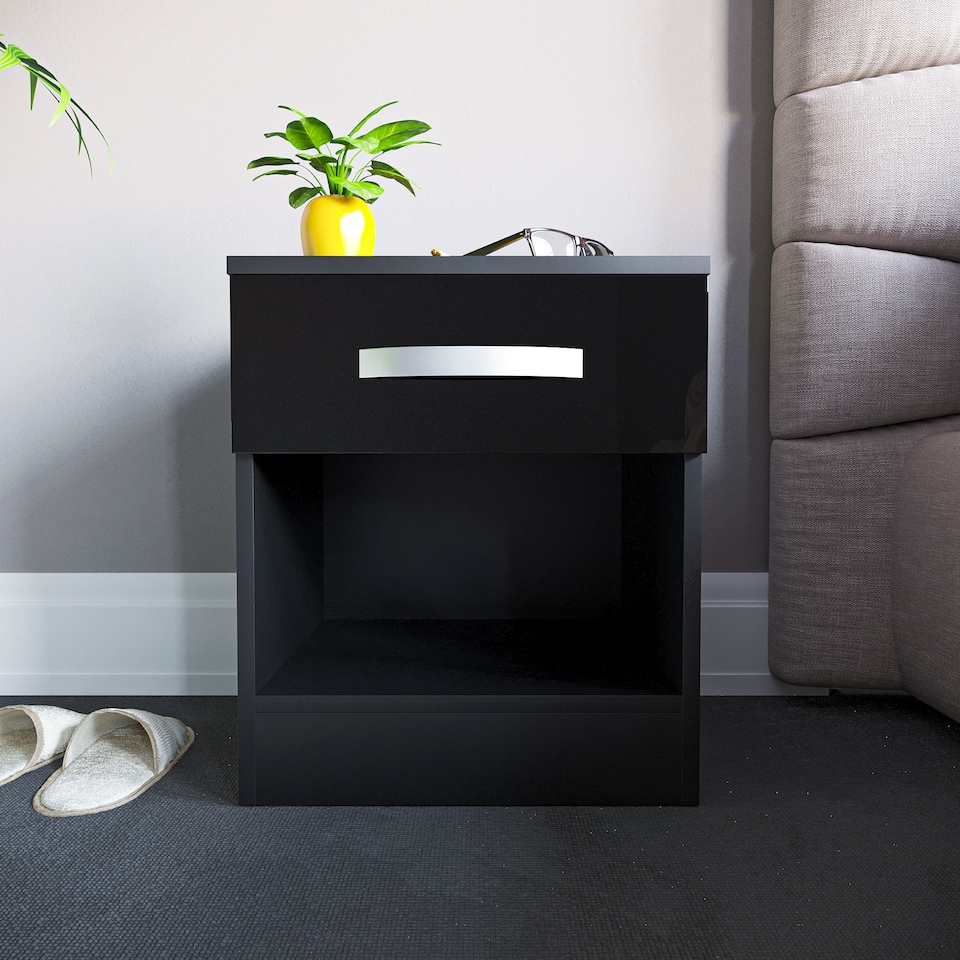 image 1 of Vida Designs Hulio 1 Drawer Bedside Chest High Gloss Cabinet Table Nightstand, Black