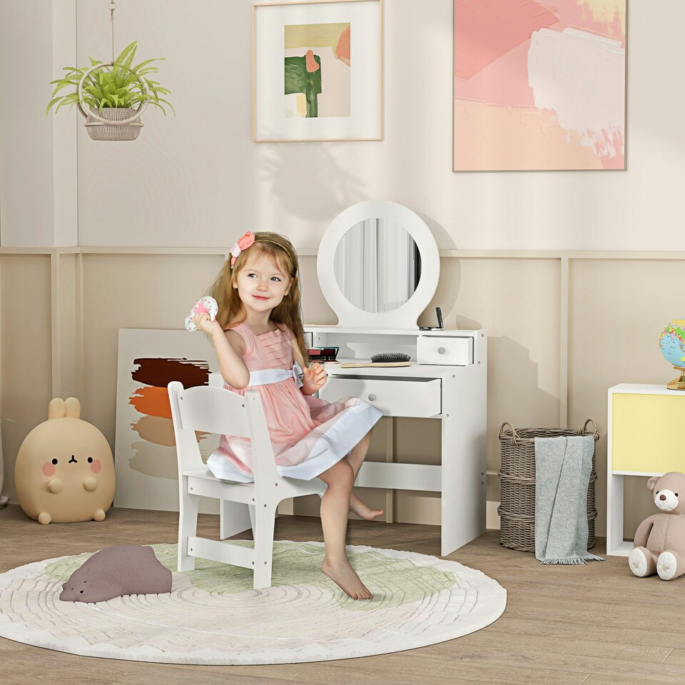 image 1 of AIYAPLAY Kids Dressing Table Set w/ Stool, Mirror, Drawers - White White