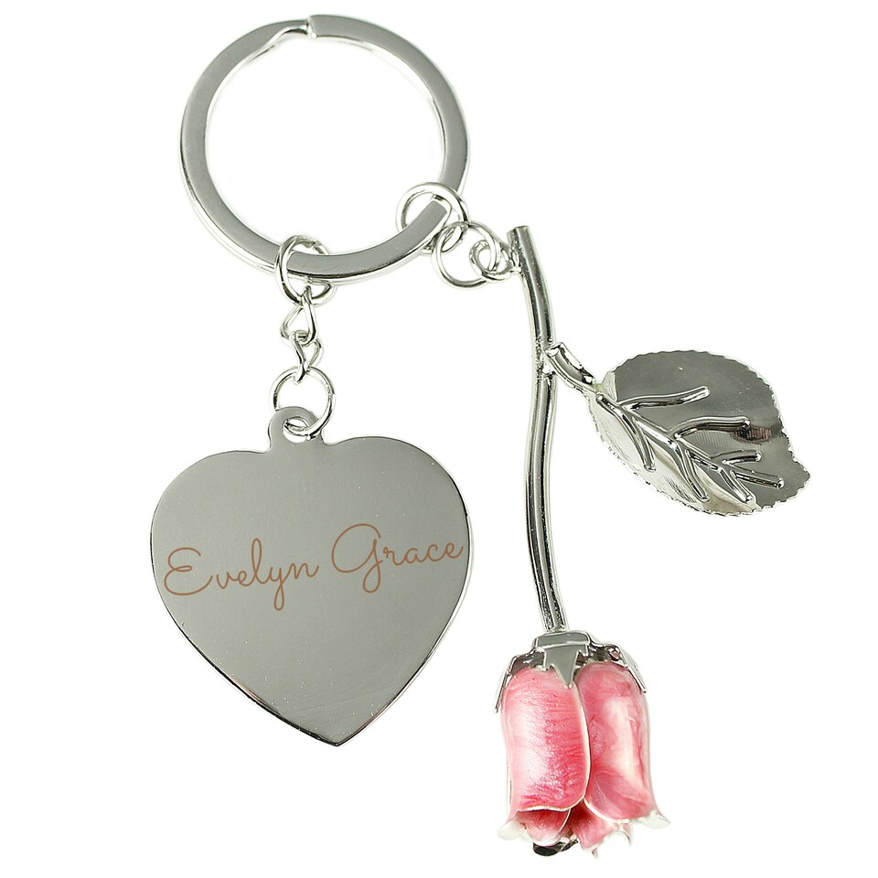 image 1 of Personalised Silver Plated Name Pink Rose Keyring