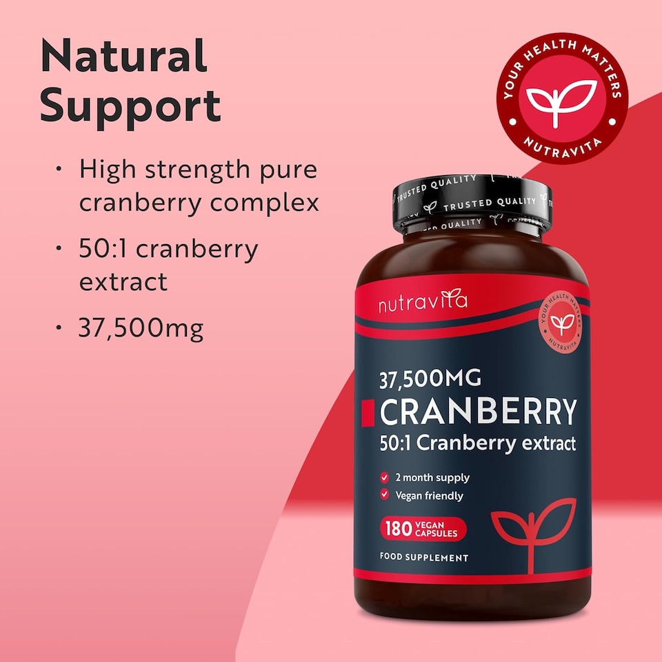 image 1 of Nutravita Max Strength Cranberry 37,500mg - Daily Supplement for Women - 50:1 Pure Cranberry Extract Supplement - Made in The UK - 180 Vegan Capsules