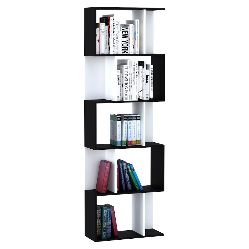 image 1 of HOMCOM Bookcase, S-Shaped Wooden Bookshelf, 5 6 Tiers Freestanding Storage Shelf, Home Office Decorative Display Stand Rack, Black and White, 24D x 60W x 184.5H
