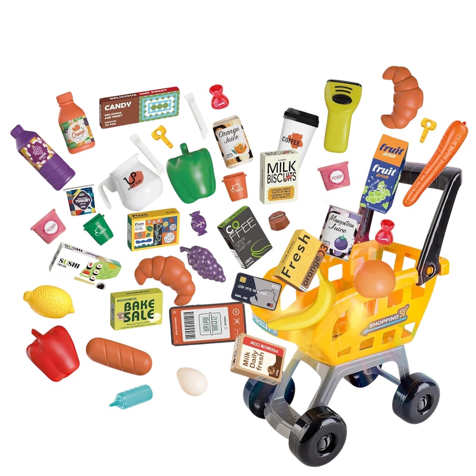 image 1 of Kids Supermarket Pretend Play Set - Cash Register with Scanner, Lights & Sounds, Shopping Cart, 65 Accessories, Play Money, Food Items & Freezer Smoke Effect, Educational Role Play Toy for Ages 3+