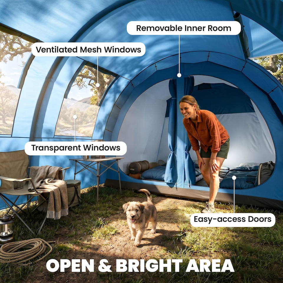 image 1 of Outsunny 5-6 Man Family Tent Camping Tent with 2 Room and Carry Bag, Blue