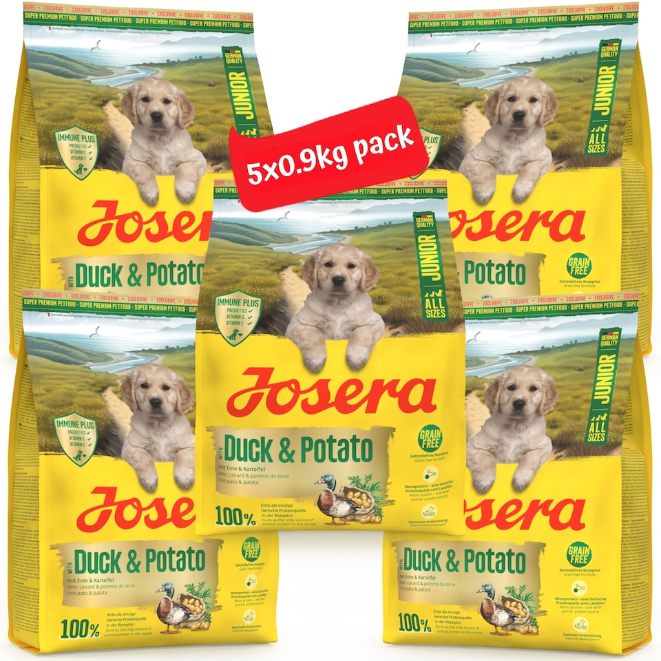 image 1 of Josera Junior Duck & Potato complete dog food | All puppy sizes | Single meat protein | Grain-free | Immune Plus | Salmon oil | Joint support | 5x0.9kg