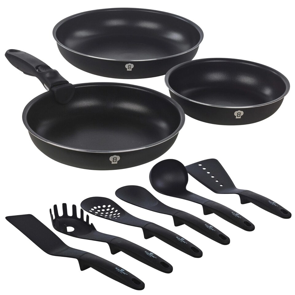 image 1 of Aluminium Induction Space Saving Pots Frying Pan Set Detachable Handle and 6 Tools | Black | Aquamarine | 3pc Frying Pan with Handle