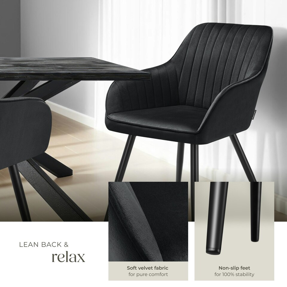 image 1 of Chair Marilyn - velvet look, quilted, continuous backrest, slim steel legs - Set of 2 Black | Black/Black