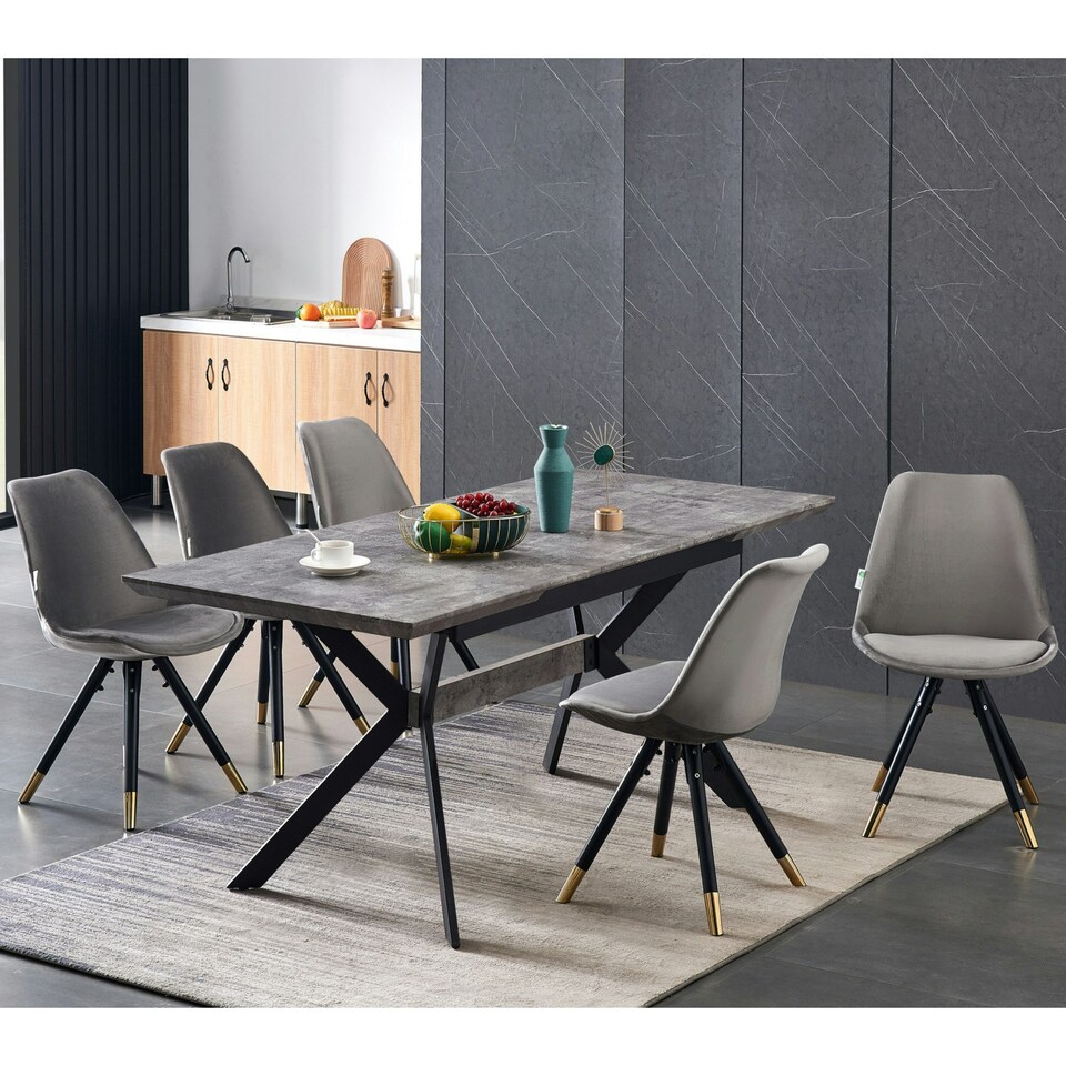 image 1 of Set of 4 Sofia Ergonomic Modern Dining Chairs Upholstered in Velvet, Metal Legs with Gold End Tips | Grey | Dark Grey