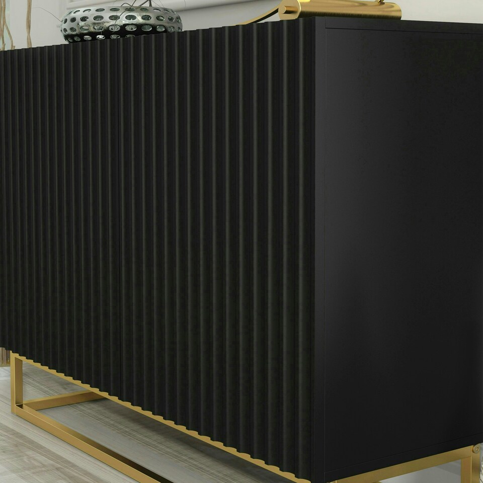 image 1 of Black Sideboard 100cm Fluted Doors Gold Frame Modern Storage Cabinet