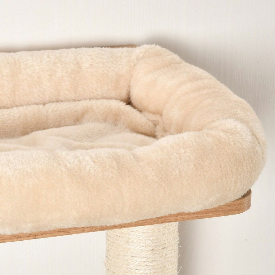 image 1 of PawHut Wall Mounted Cat Tree for Indoor Cats with Scratch Post Oak Beige