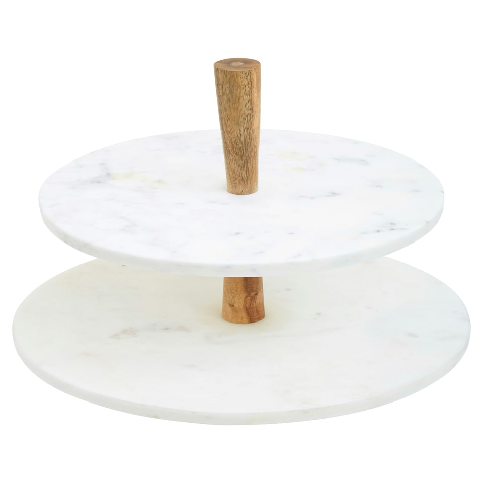 image 1 of Monzaro Two Tier Marble and Acacia Wood Cake Stand White