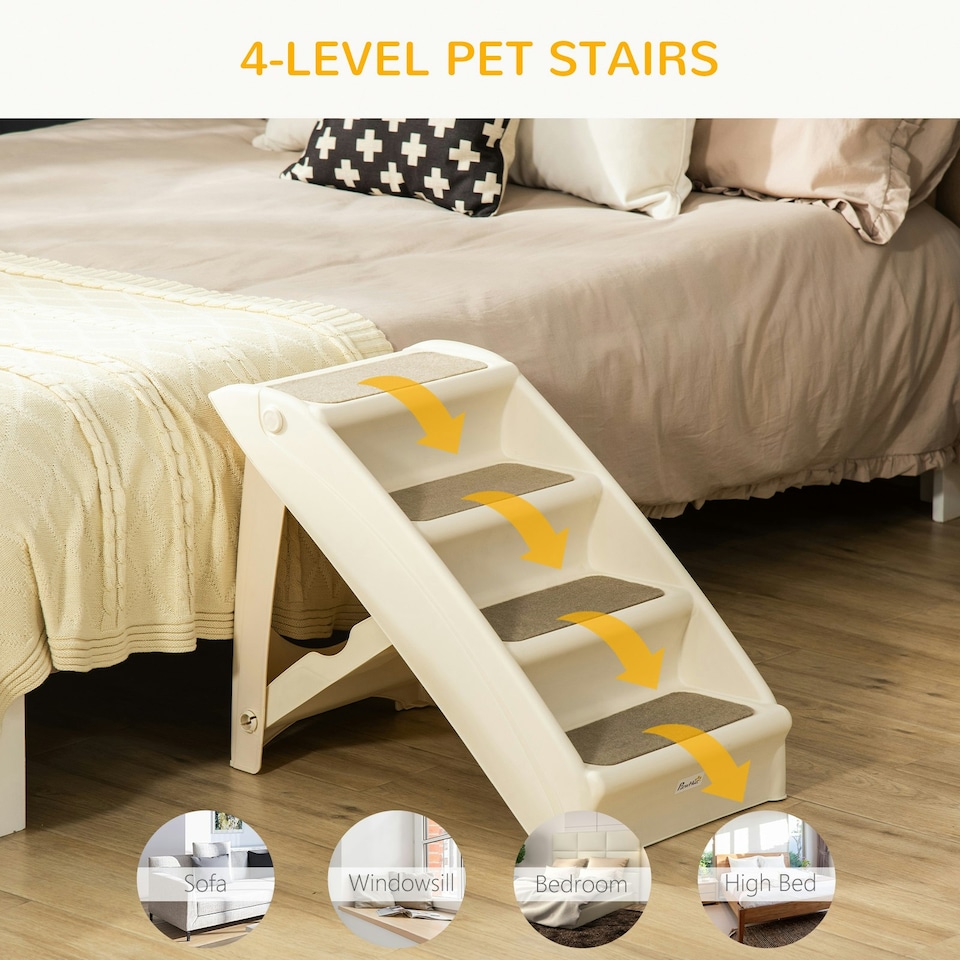 image 1 of PawHut Four-Step Foldable Pet Stairs w/ Non-Slip Mats, for S, XS Dogs - Beige