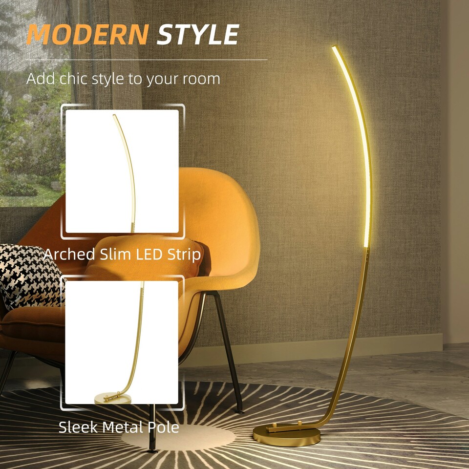 image 1 of HOMCOM Floor Lamp with LED Strip, Standing Lamp for Living Room, Gold Tone | Gold | 46L x 25W x 147H