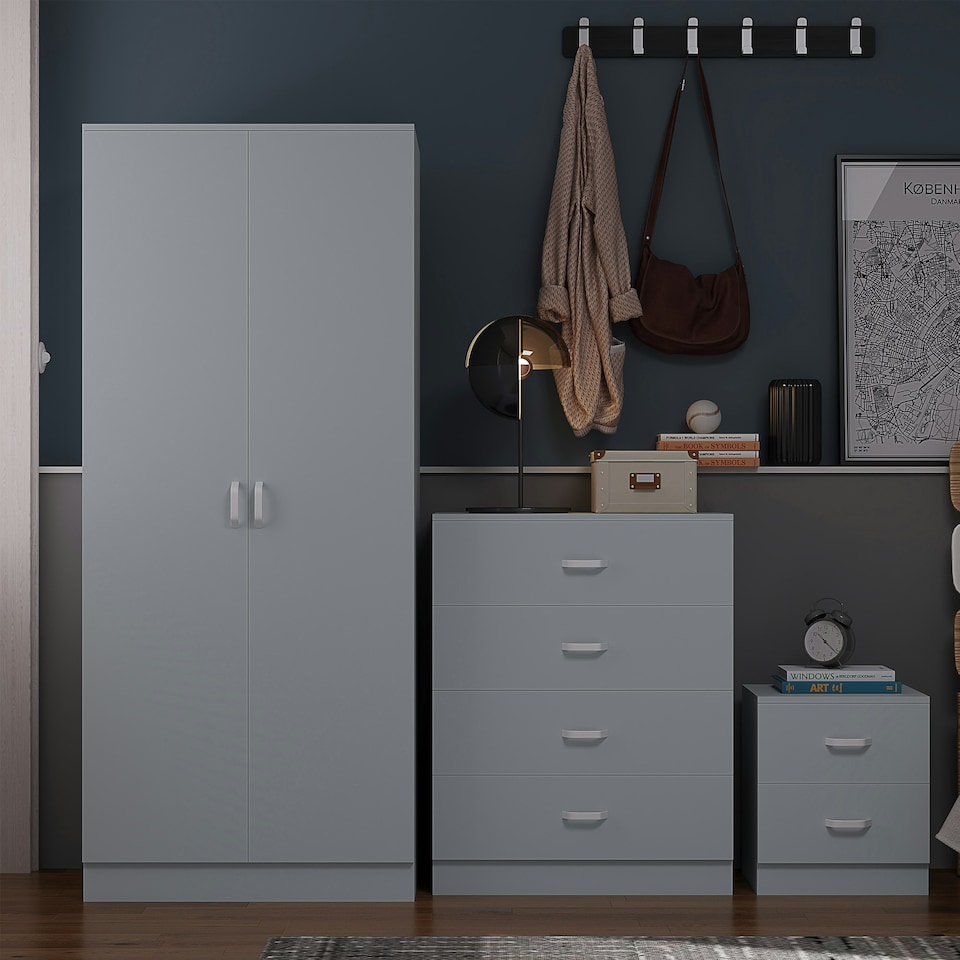 image 1 of FWStyle Tunis 3 Piece Bedroom Furniture Set - Matt Grey - Wardrobe + Chest + Bedside