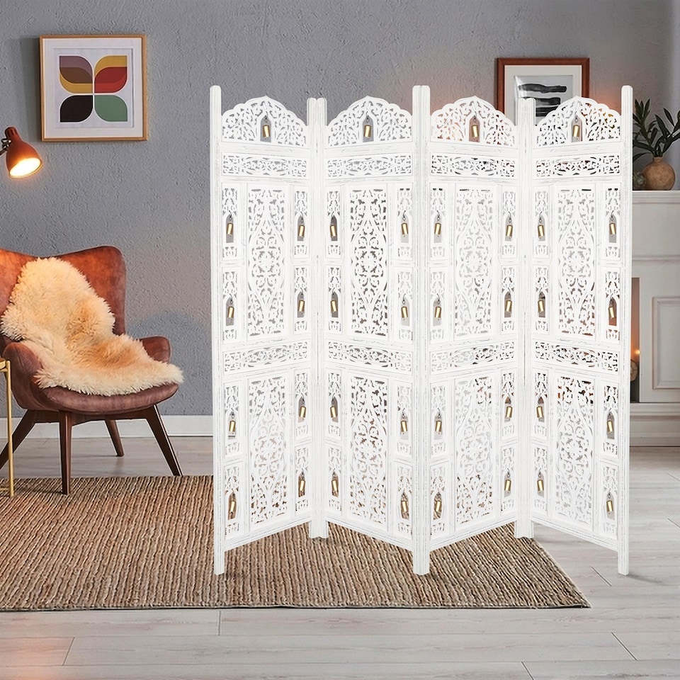image 1 of 4 Panel Heavy Duty Carved  Screen Wooden Bells Design Room Divider White 200 x 180 cm | White | White | 200 x 180 cm