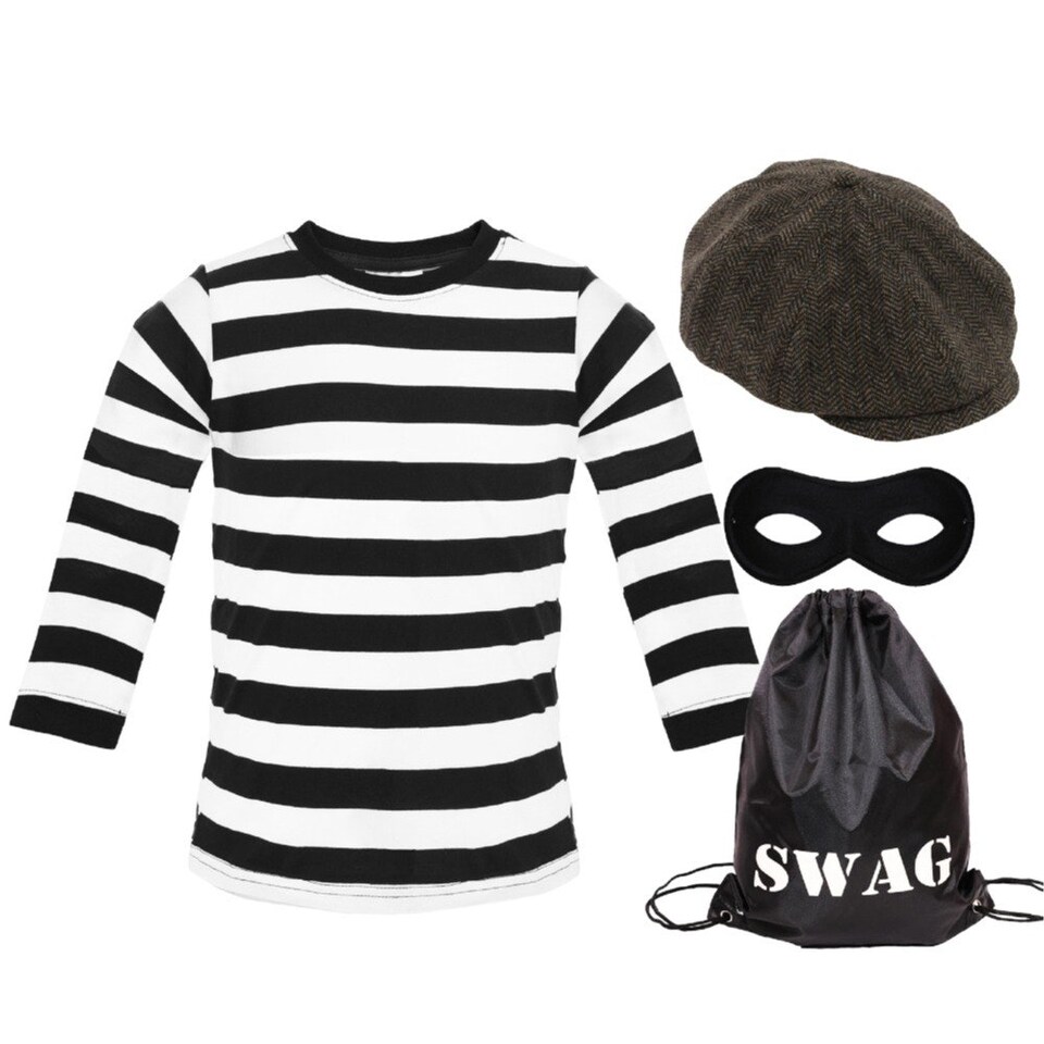 image 1 of Storybook Burglar Costume - Long Sleeve Top, Hat, Mask & Bag Black | 2XL