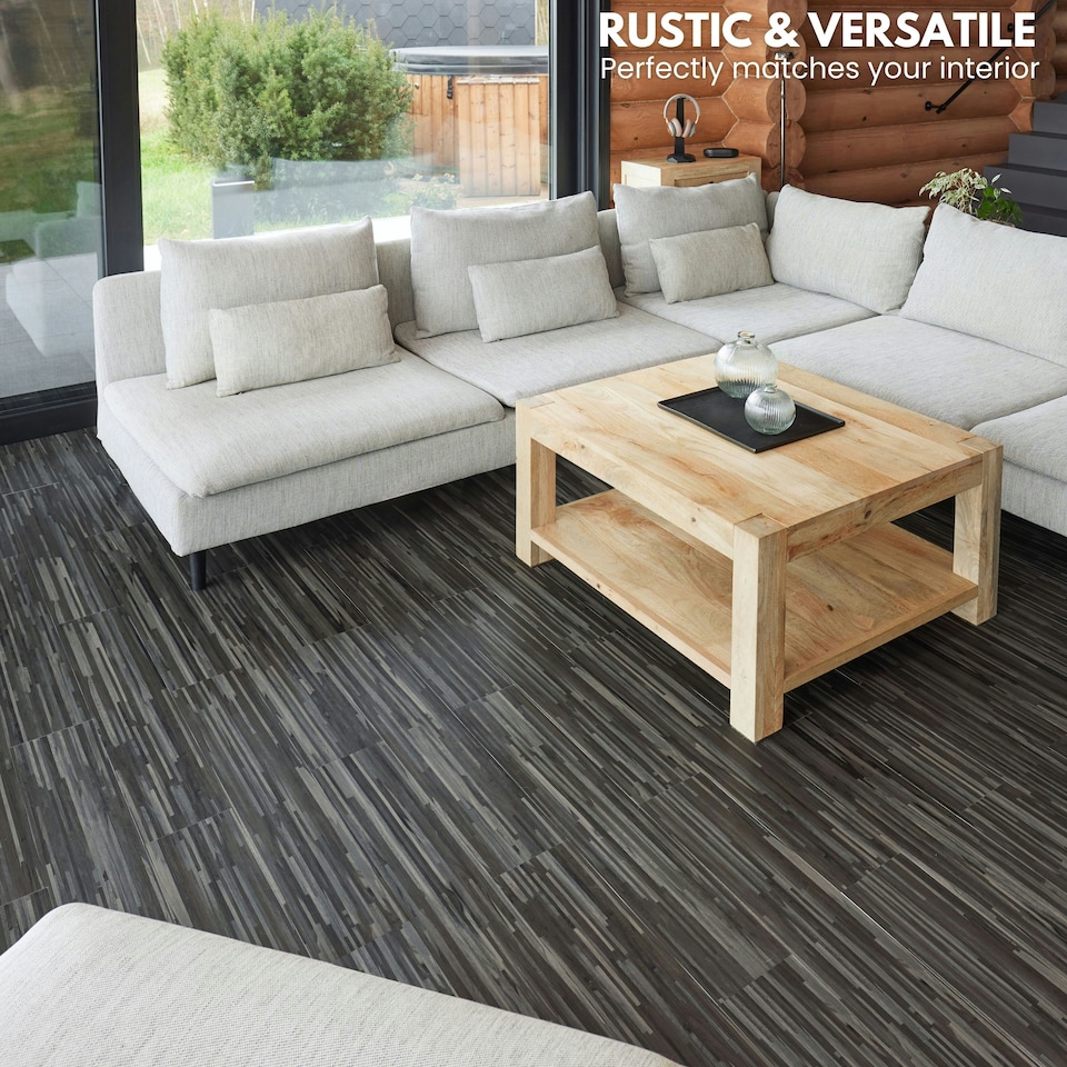 image 1 of NOVECRAFTO Self Adhesive Floor Planks | 36x5.98in (91.4x15.2cm) Each | Peel & Stick Vinyl Flooring | Dark Shadowline Flow Wood Effect | Waterproof DIY Tiles | Black | 1.39 sqm