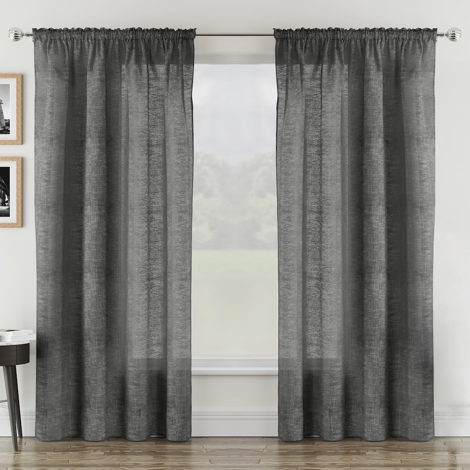 image 1 of Rhodes Charcoal Linen-Look Sheer Voile Panels – Pair 140 x 137cm (55x54")