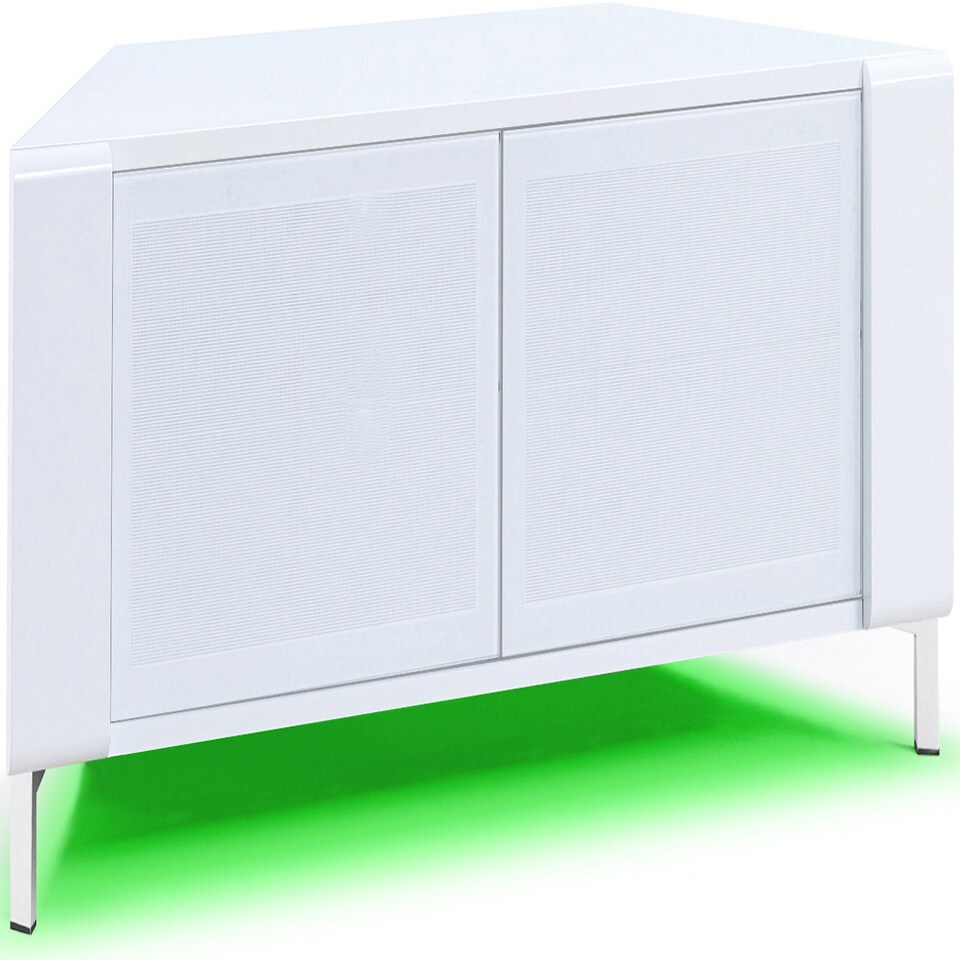 image 1 of MDA Designs CORVUS Corner-Friendly Gloss White Contemporary Cabinet with White BeamThru Glass Doors for Flat Screen TVs up to 50" with 16 Colour LED Lights White