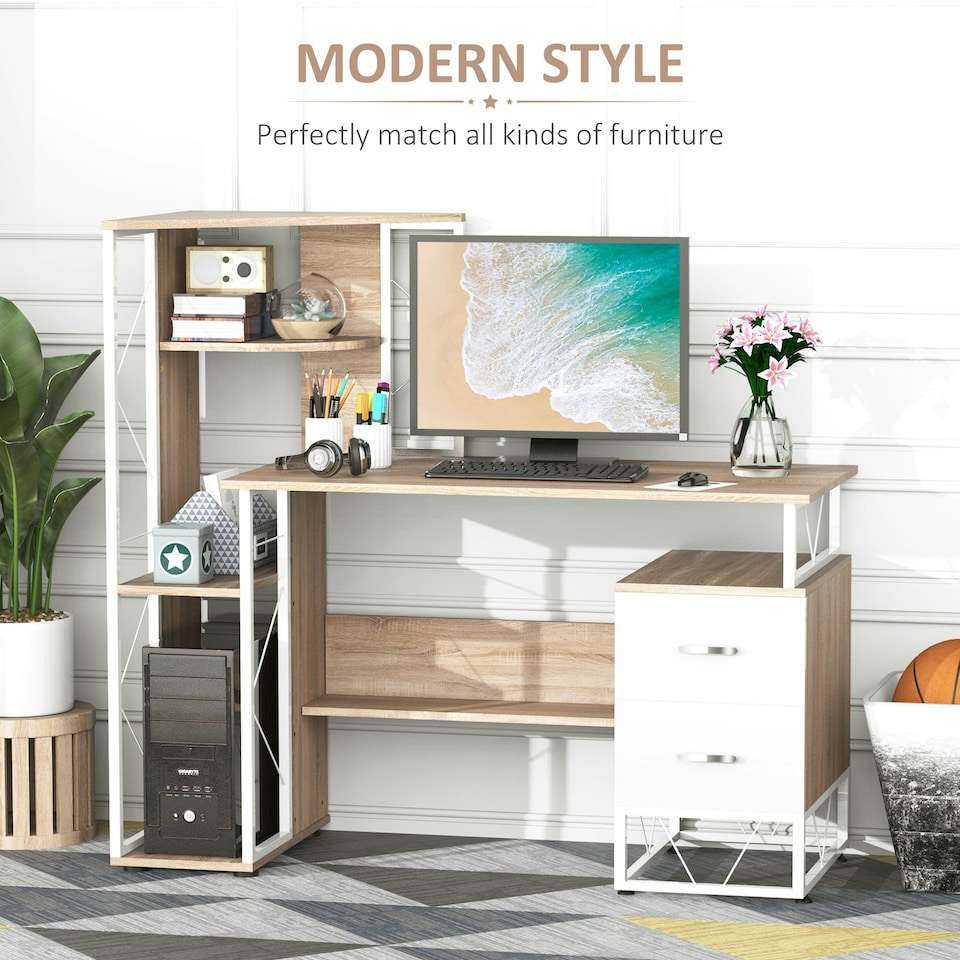 image 1 of HOMCOM Computer PC Laptop Desk Table Shelf 2 Drawers Bookstore workstation