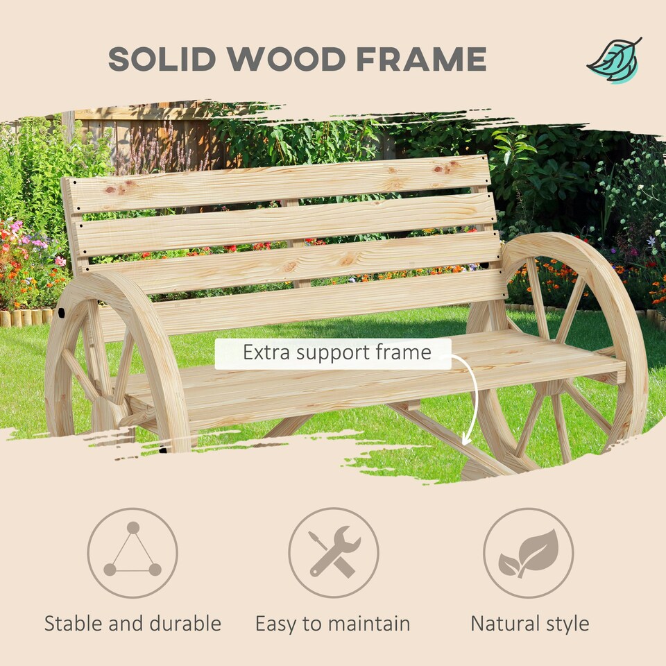 image 1 of Outsunny 2 Seater Garden Bench w/ Wooden Cart Wagon Wheel Natural