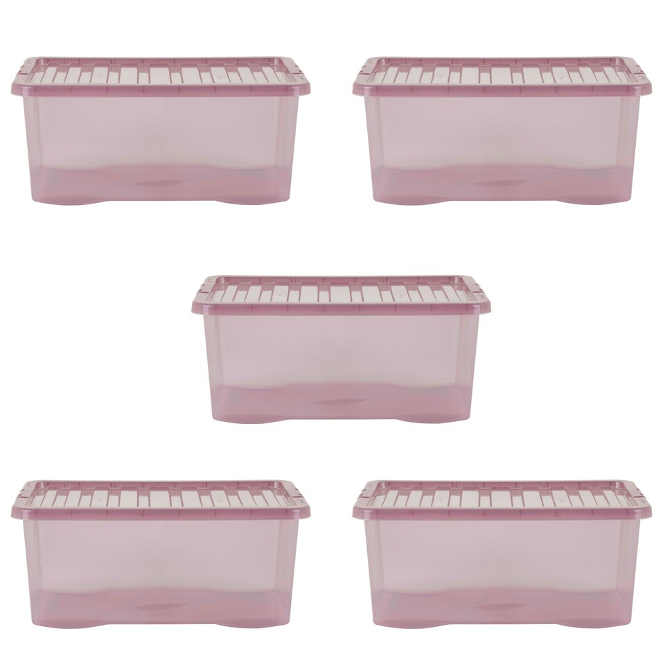 image 1 of Wham Crystal 5 x 45L Stackable Plastic Storage Boxes with Lids Pink