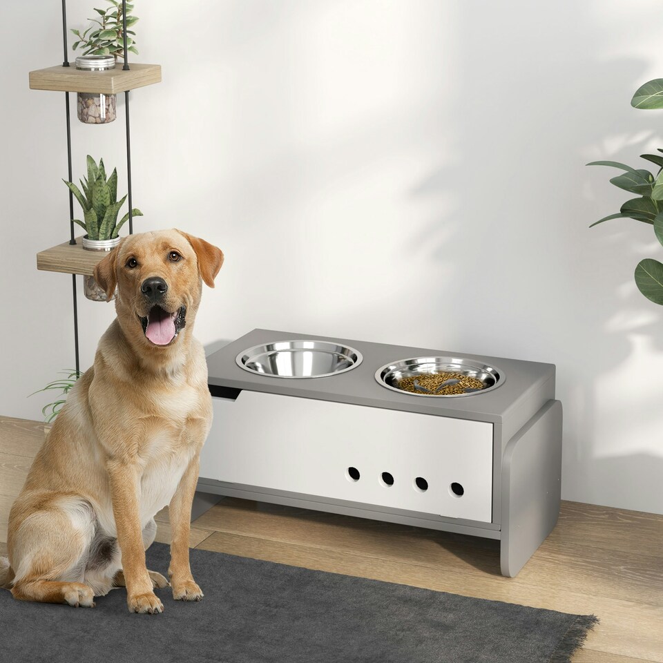 image 1 of PawHut Height Adjustable Dog Feeding Storage w/ 2 Stainless Steel Bowls Grey