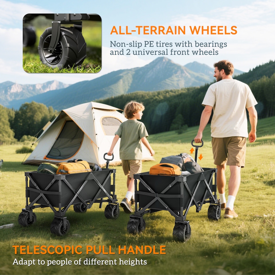 image 1 of Outsunny Outdoor Pull Along Garden Trolley on Wheels Folding Beach Cart Black