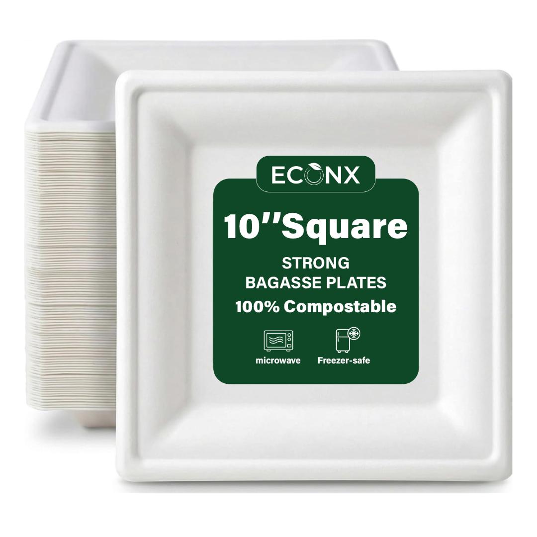 ECONX Strong Paper Plates 10 Inch Disposable Square Bagasse Plates in White | Size: 100 Pieces