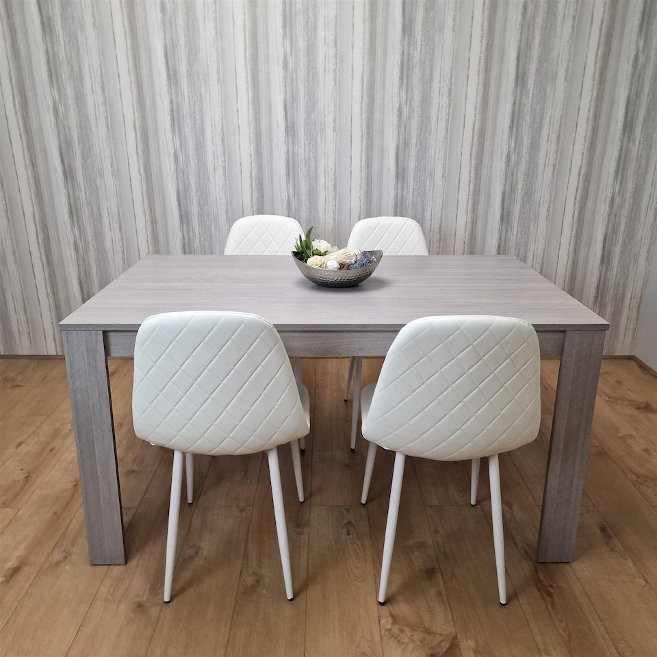 image 1 of Grey Dining Table Set With 4 White Stitched Chairs Kitchen Dining Table for 4 Dining Room Dining Set