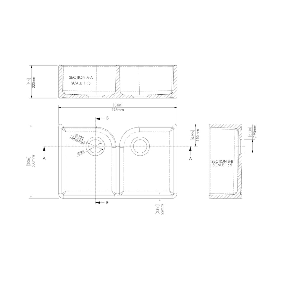 image 1 of Fireclay 2 Bowl Butler Kitchen Sink Full Weir Dark Grey 795x500mm | Grey | Soft Black | 500 x 795 x 220mm | 1