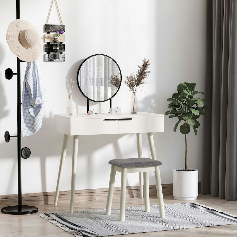 image 1 of HOMCOM Dressing Table Vanity Set Make Up Desk with Mirror & Stool White