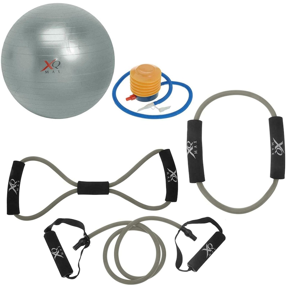 image 1 of Gr8 Home Home Gym 5 Pc Toning Kit Exercise Ball Resistance Band Tubes Fitness Workout Set