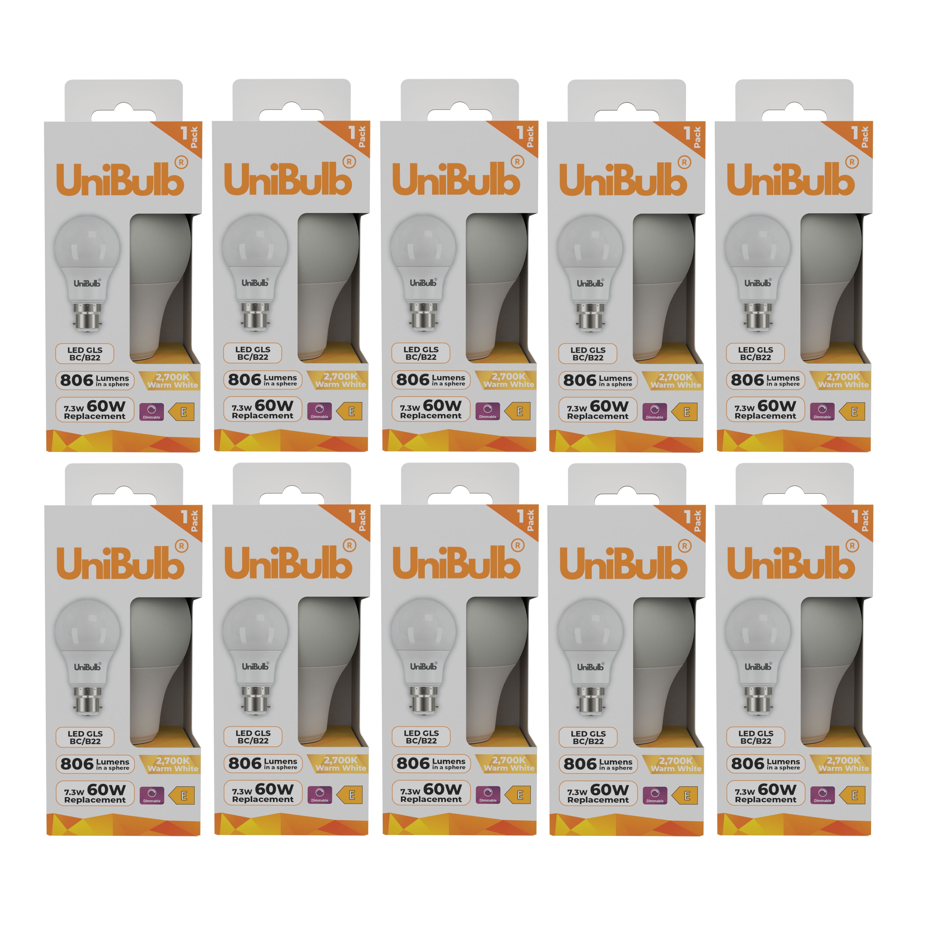 UniBulb LED GLS B22 Bayonet Cap (BC) 806lm 7.3W (Replaces 60W) 2700K (Warm White) Dimmable Light Bulb - Pack of 10