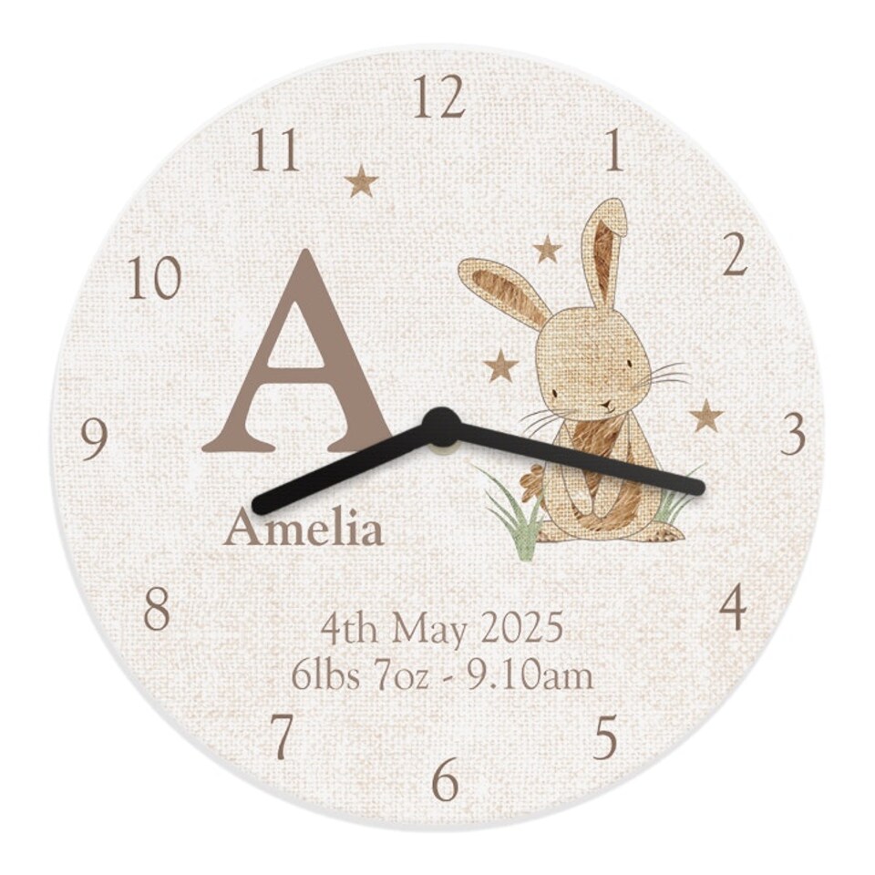 image 1 of Personalised Hessian Rabbit Shabby Chic Large Wooden Clock