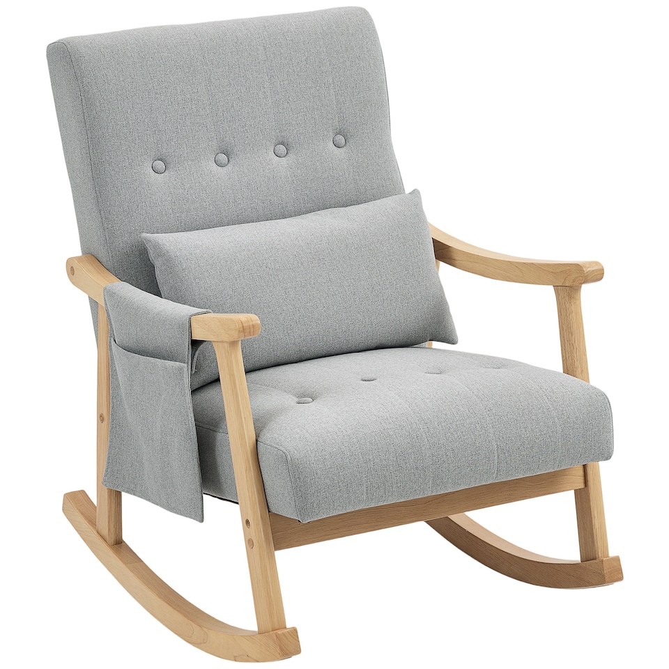 image 1 of HOMCOM Rocking Chair, Upholstered Accent Armchair with Lumbar Pillow, Side Pocket & Solid Wood Legs, Modern High Back Leisure Rocker Lounge Chair for Nursery, Living Room, Bedroom, Light Grey | Grey