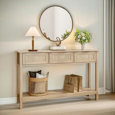 Wooden 3 Drawer Rattan Hallway Console Table Brown Brown