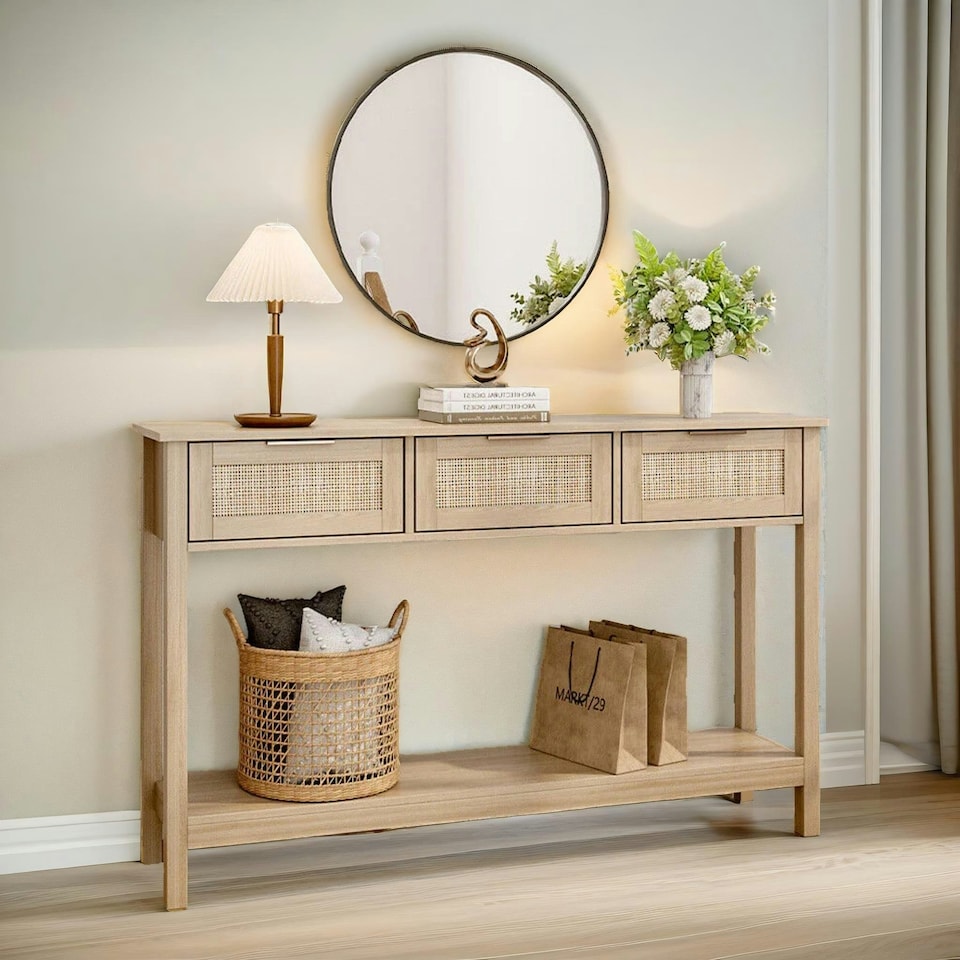 image 1 of Wooden 3 Drawer Rattan Hallway Console Table Brown Brown