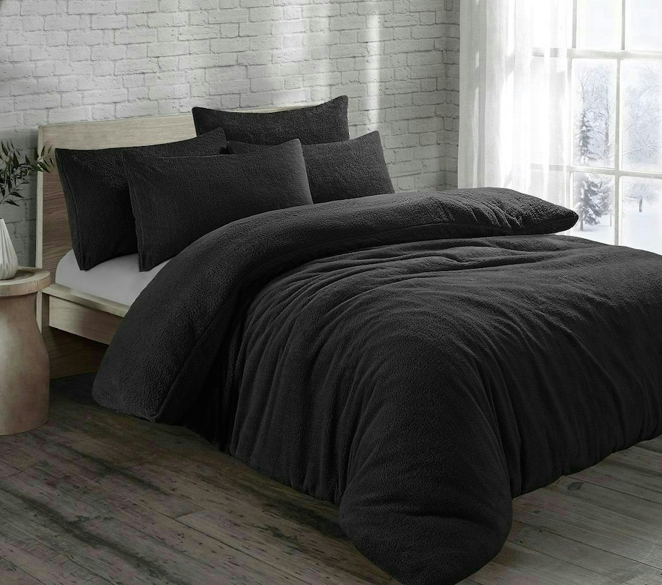image 1 of Teddy Bear Fleece Duvet Cover Set - Single - Black